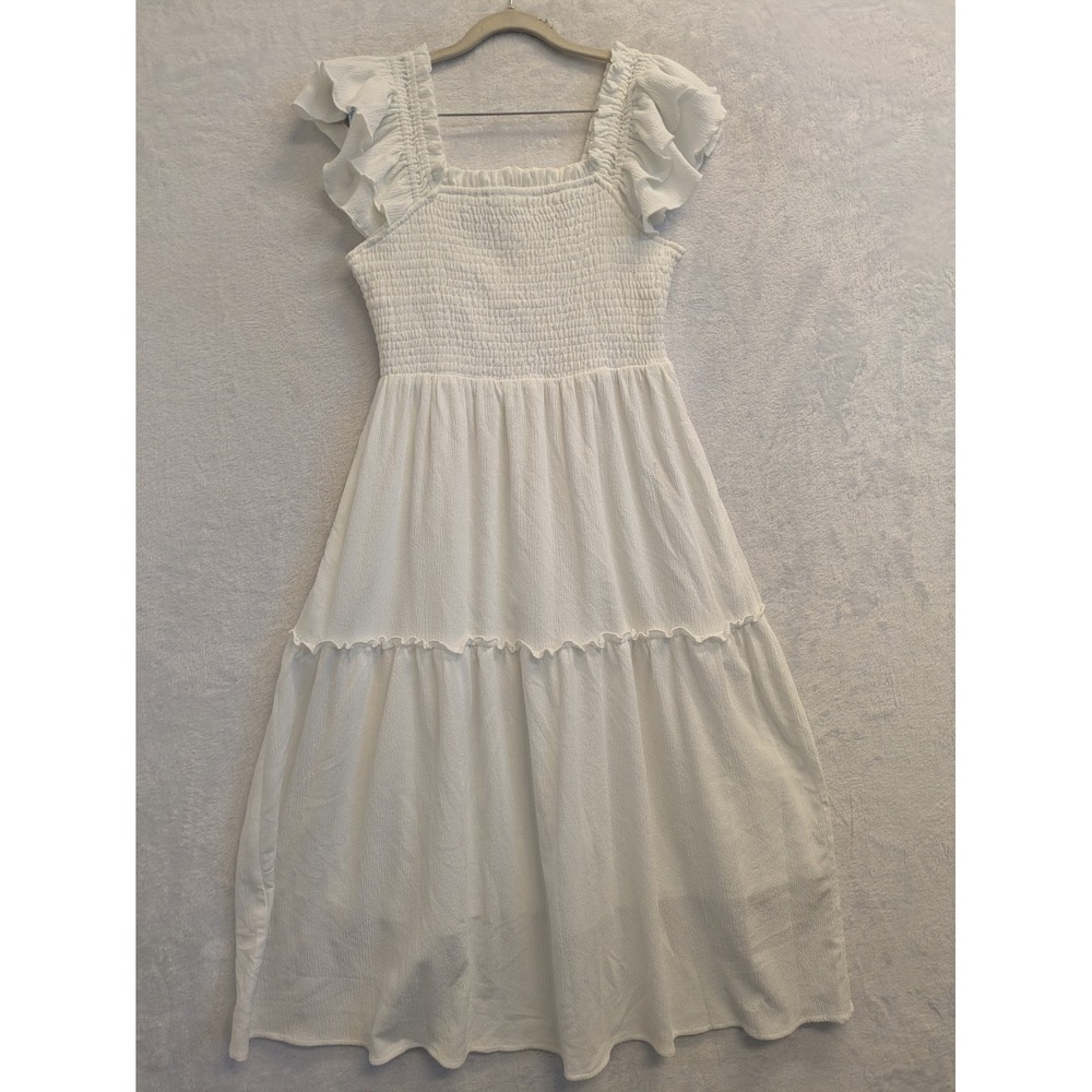 Little White Dress Smocked‎ Ruffle Sleeve Tiered Midi Dress - Size S